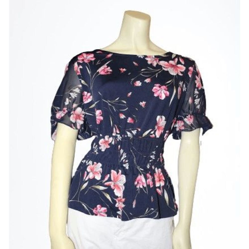 Ivy Ridge Blue Floral Sheer Short Sleeve Top